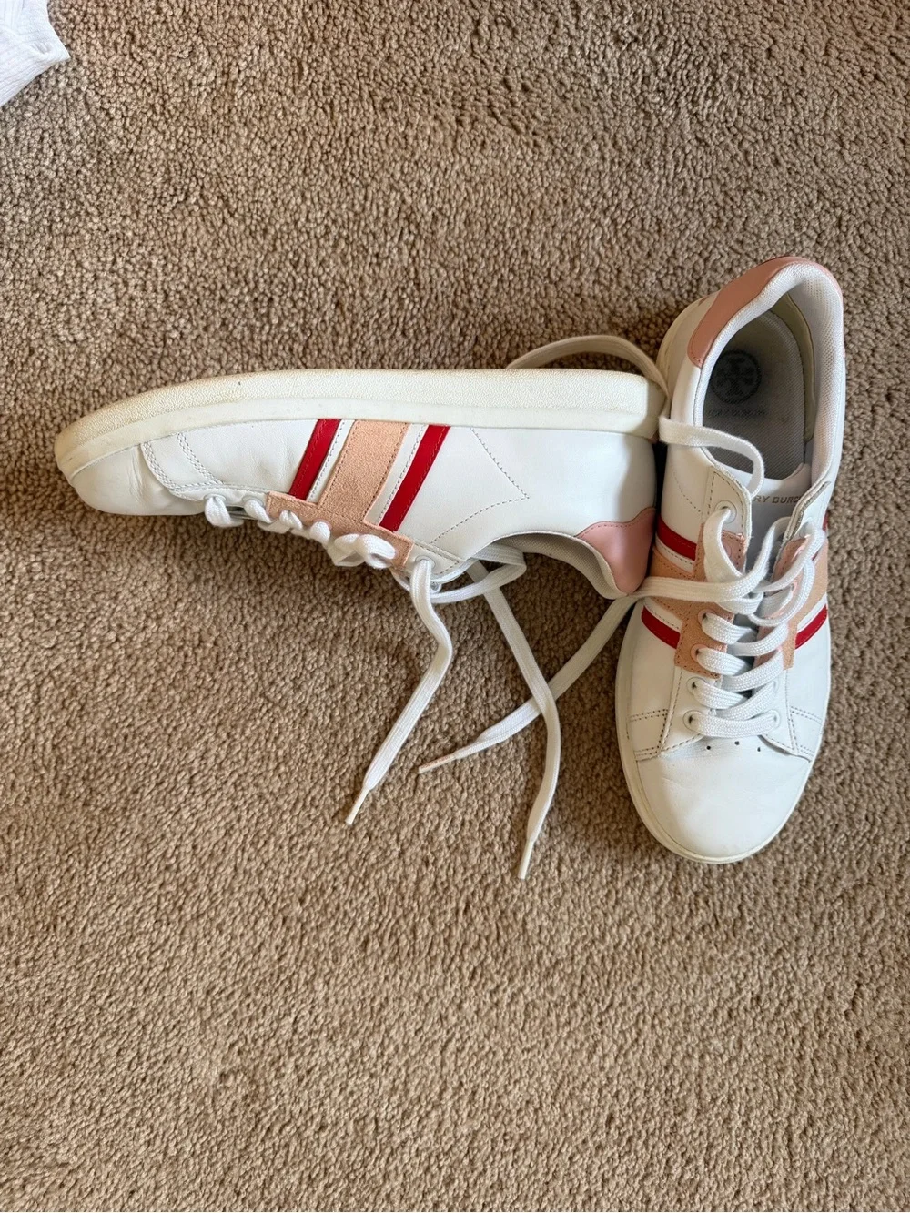 Tory Burch White Sneakers with Pink and Red Stripe Accents
